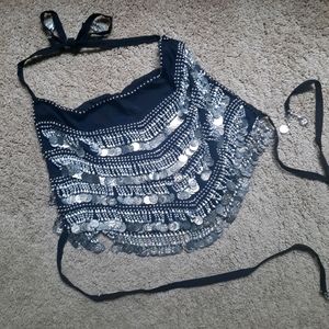 Silver sequin, cropped, backless halter top